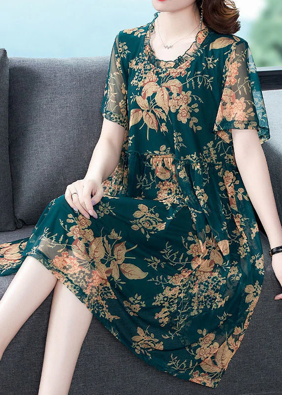 Italian Green O-Neck Print Holiday Long Dress Summer - Image 5