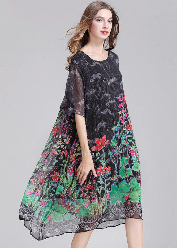 Italian Green O Neck Print Patchwork Chiffon Mid Dress Summer - Image 4