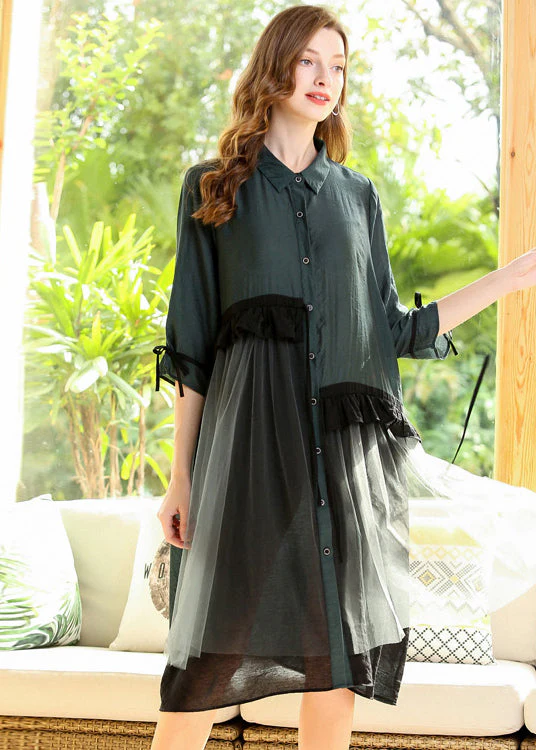 Italian Green Oversized Patchwork Ruffles Cotton Dress Half Sleeve - Image 2