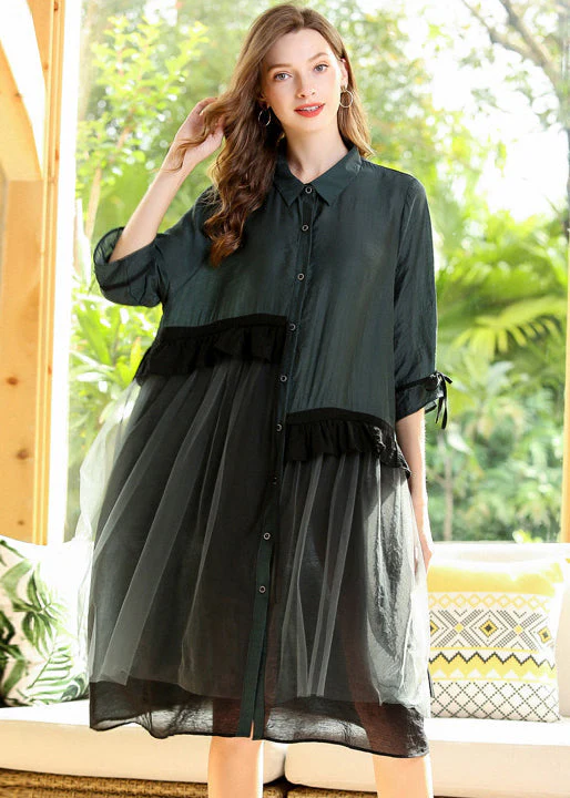 Italian Green Oversized Patchwork Ruffles Cotton Dress Half Sleeve - Image 3