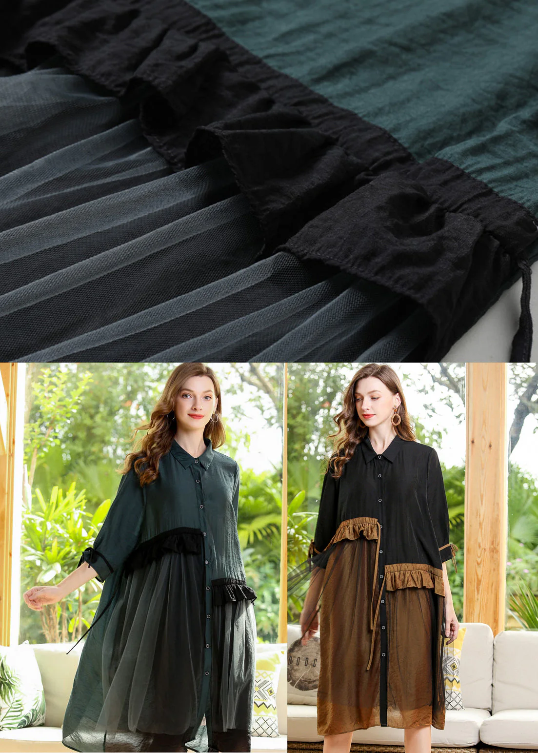 Italian Green Oversized Patchwork Ruffles Cotton Dress Half Sleeve - Image 5