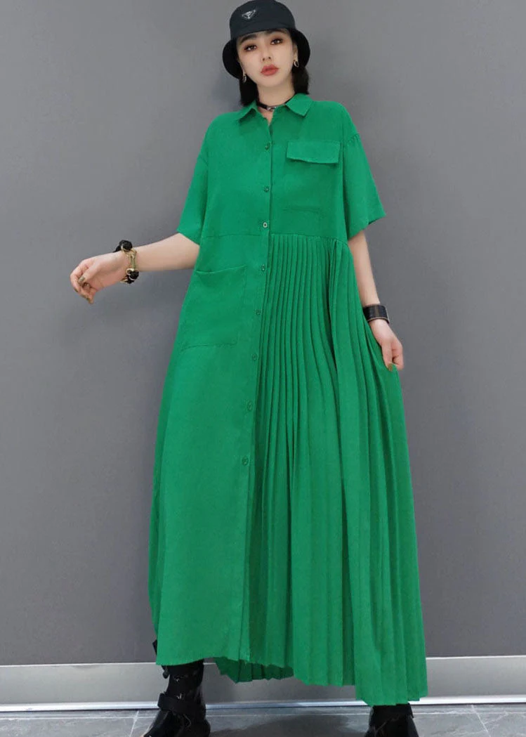 Italian Green Peter Pan Collar Patchwork Wrinkled Solid Color Cotton Shirt Dress Short Sleeve - Image 2