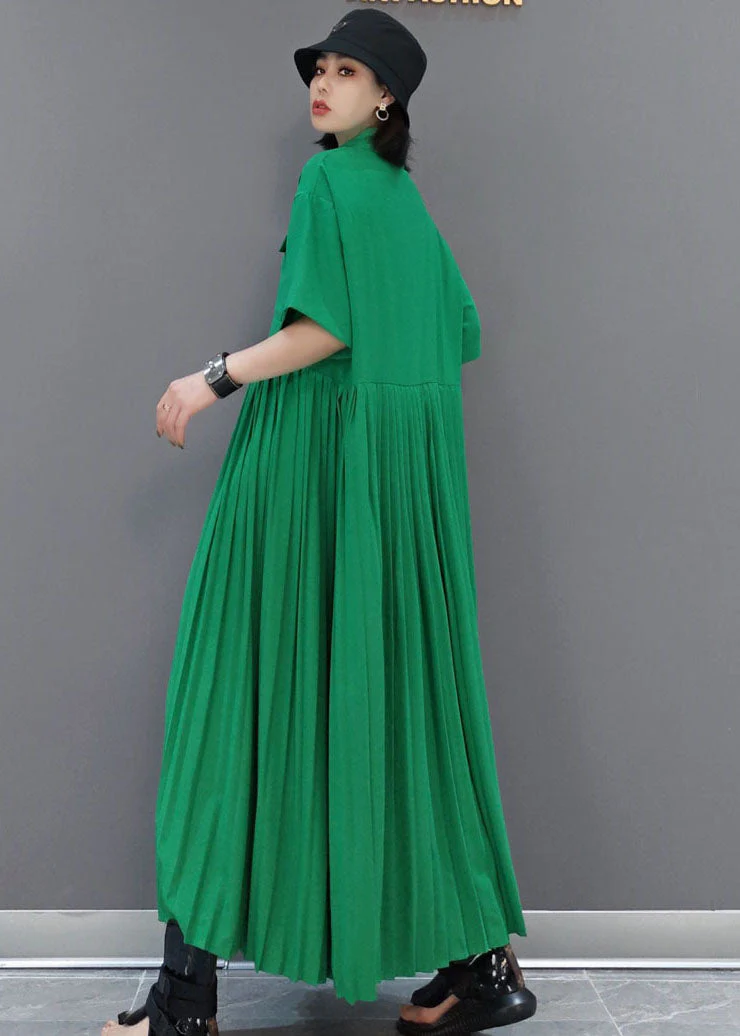 Italian Green Peter Pan Collar Patchwork Wrinkled Solid Color Cotton Shirt Dress Short Sleeve - Image 4