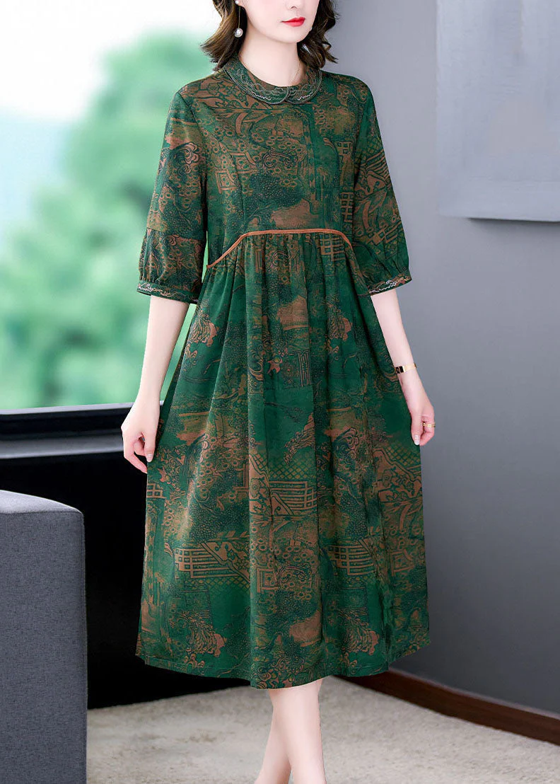 Italian Green Peter Pan Collar Print Wrinkled Patchwork Silk Dresses Summer - Image 2