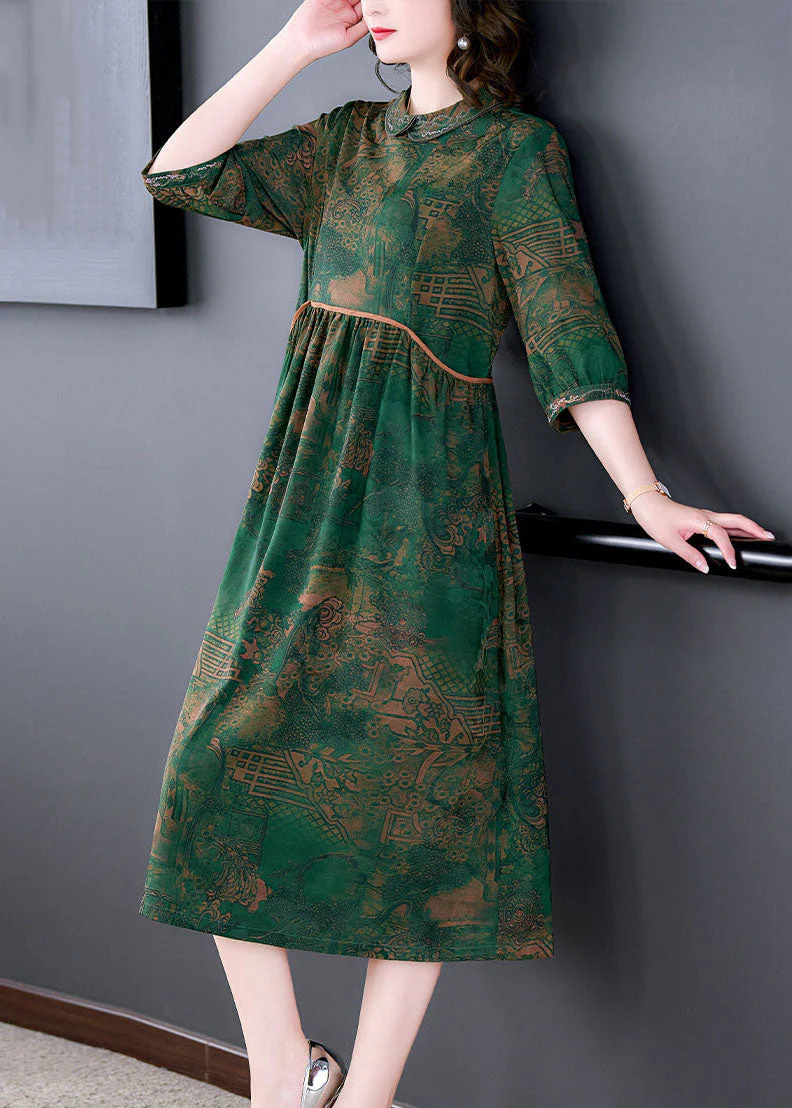 Italian Green Peter Pan Collar Print Wrinkled Patchwork Silk Dresses Summer - Image 3