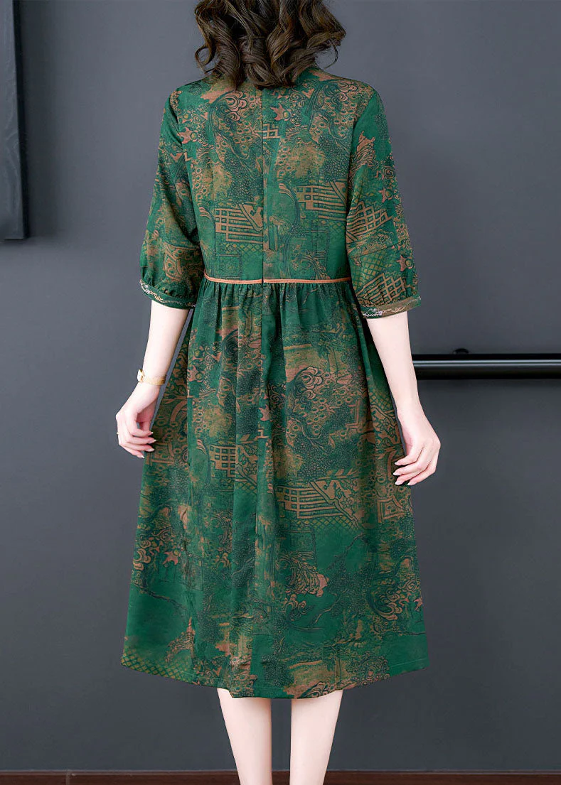 Italian Green Peter Pan Collar Print Wrinkled Patchwork Silk Dresses Summer - Image 4