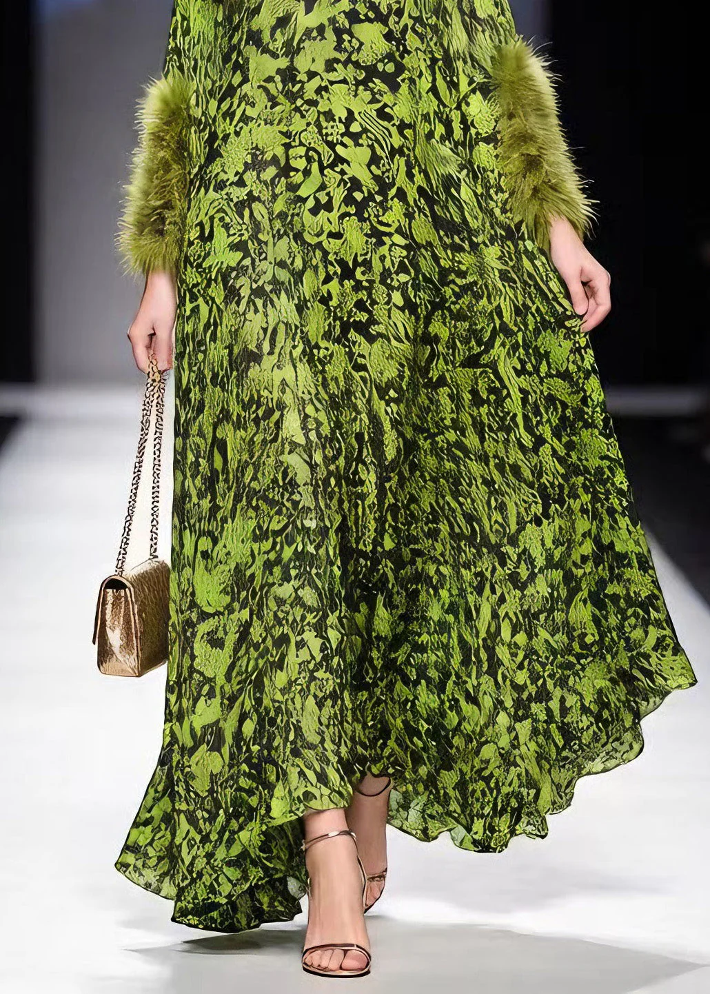 Italian Green Print Fur Patchwork Chiffon Maxi Dresses Spring - Image 4