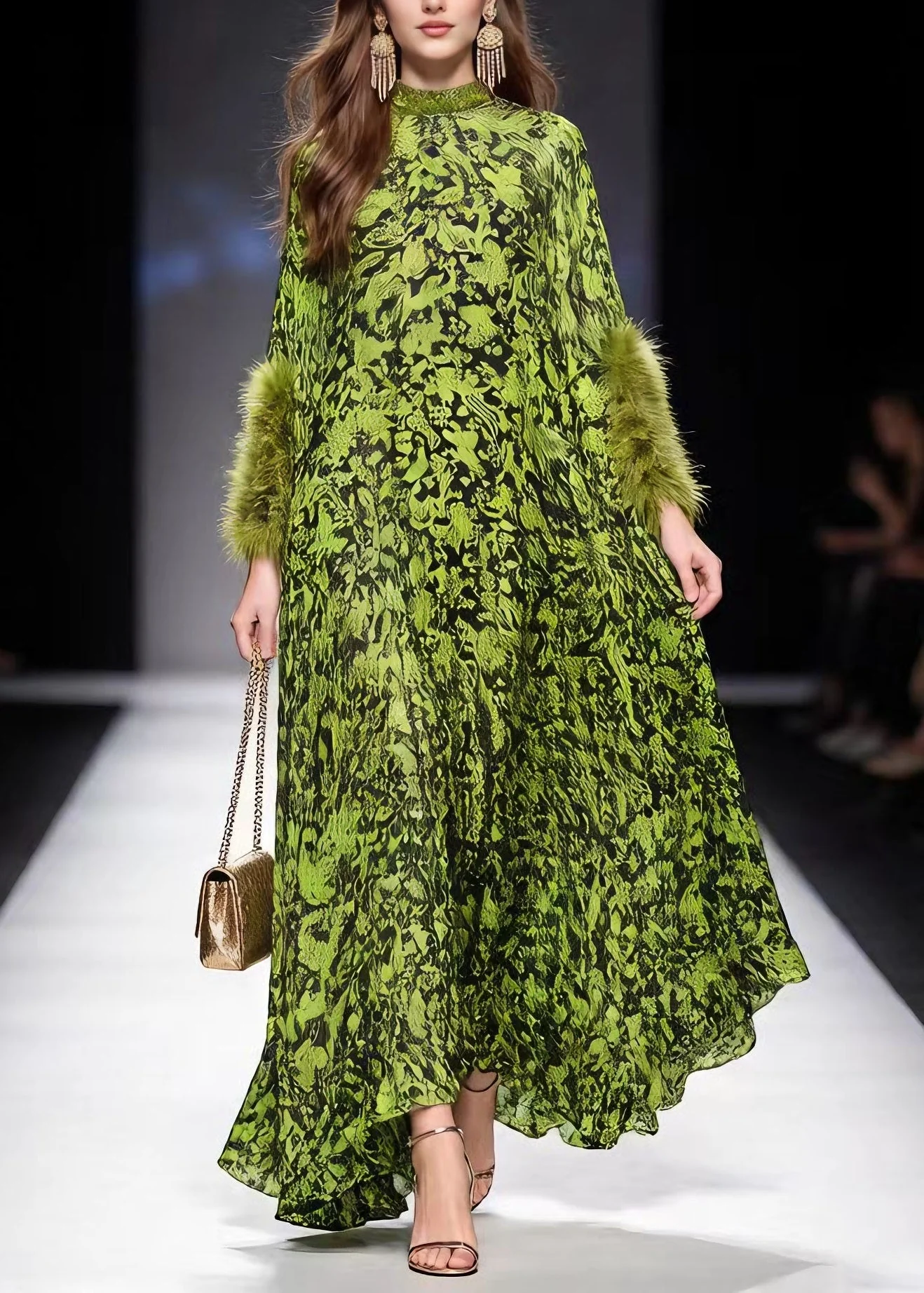 Italian Green Print Fur Patchwork Chiffon Maxi Dresses Spring - Image 5
