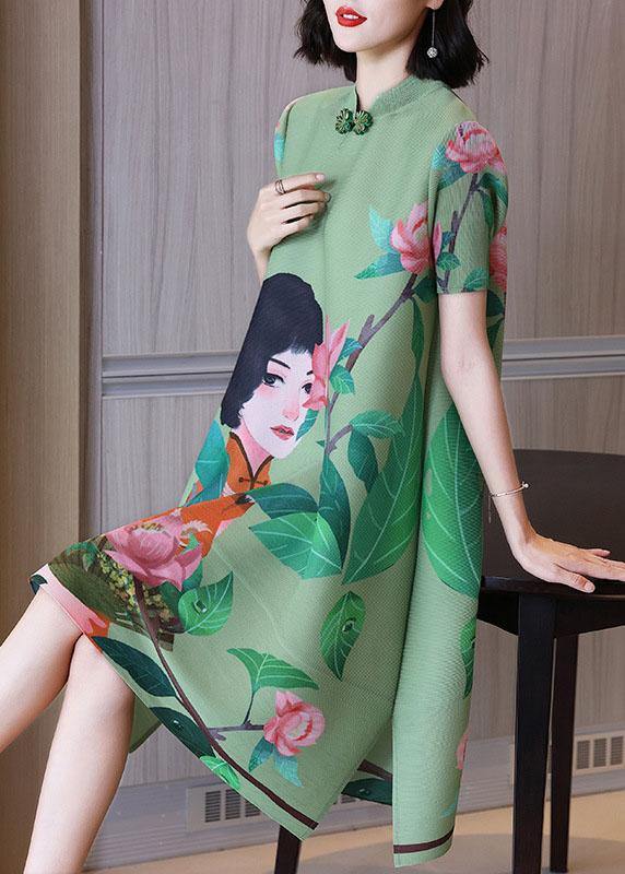 Italian Green Print Oriental Half Sleeve Party Dress Summer - Image 2