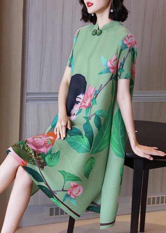 Italian Green Print Oriental Half Sleeve Party Dress Summer - Image 3