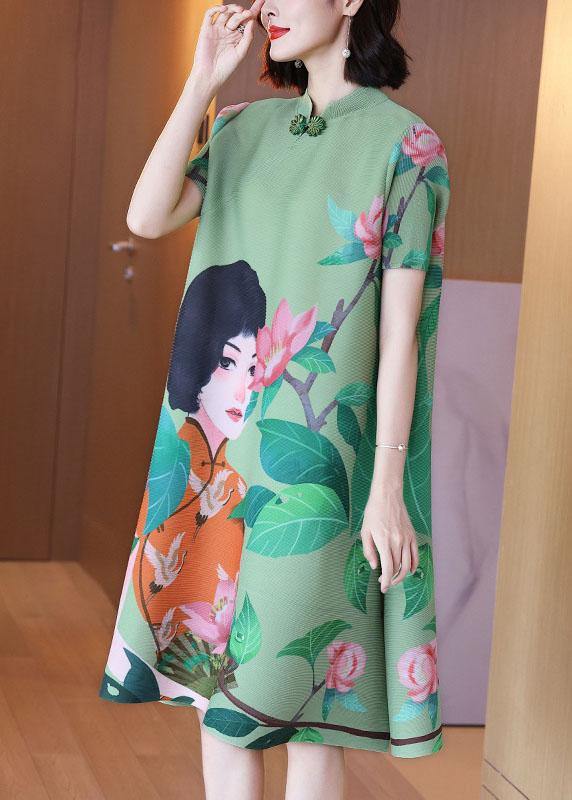Italian Green Print Oriental Half Sleeve Party Dress Summer - Image 4