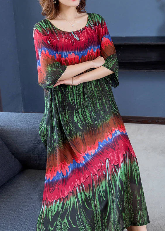 Italian Green Print Side Open Patchwork Chiffon Dresses Summer - Image 2