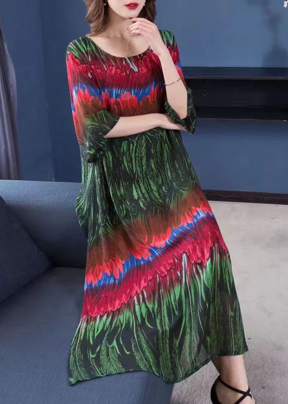Italian Green Print Side Open Patchwork Chiffon Dresses Summer - Image 3