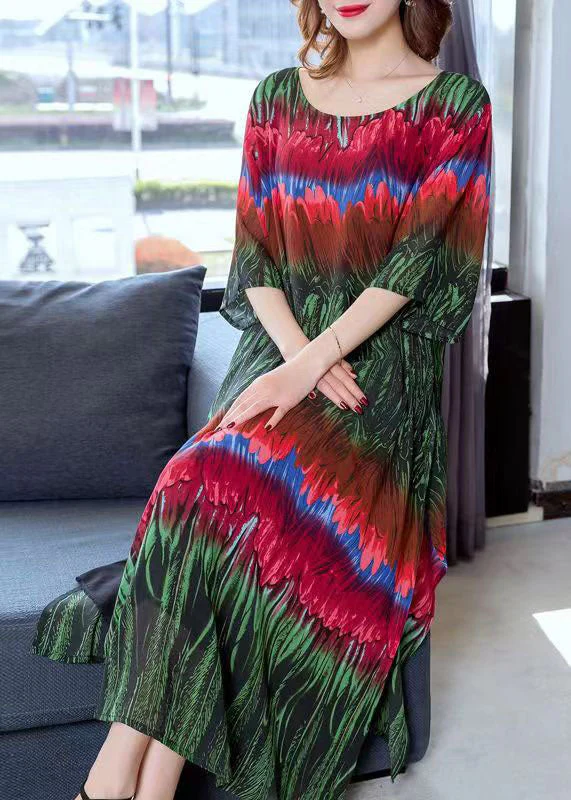 Italian Green Print Side Open Patchwork Chiffon Dresses Summer - Image 4