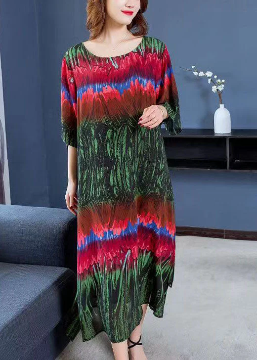 Italian Green Print Side Open Patchwork Chiffon Dresses Summer - Image 5