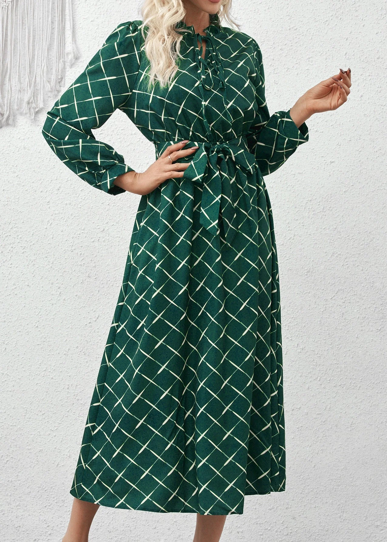 Italian Green Ruffled Print Lace Up Cotton Dress Fall - Image 2