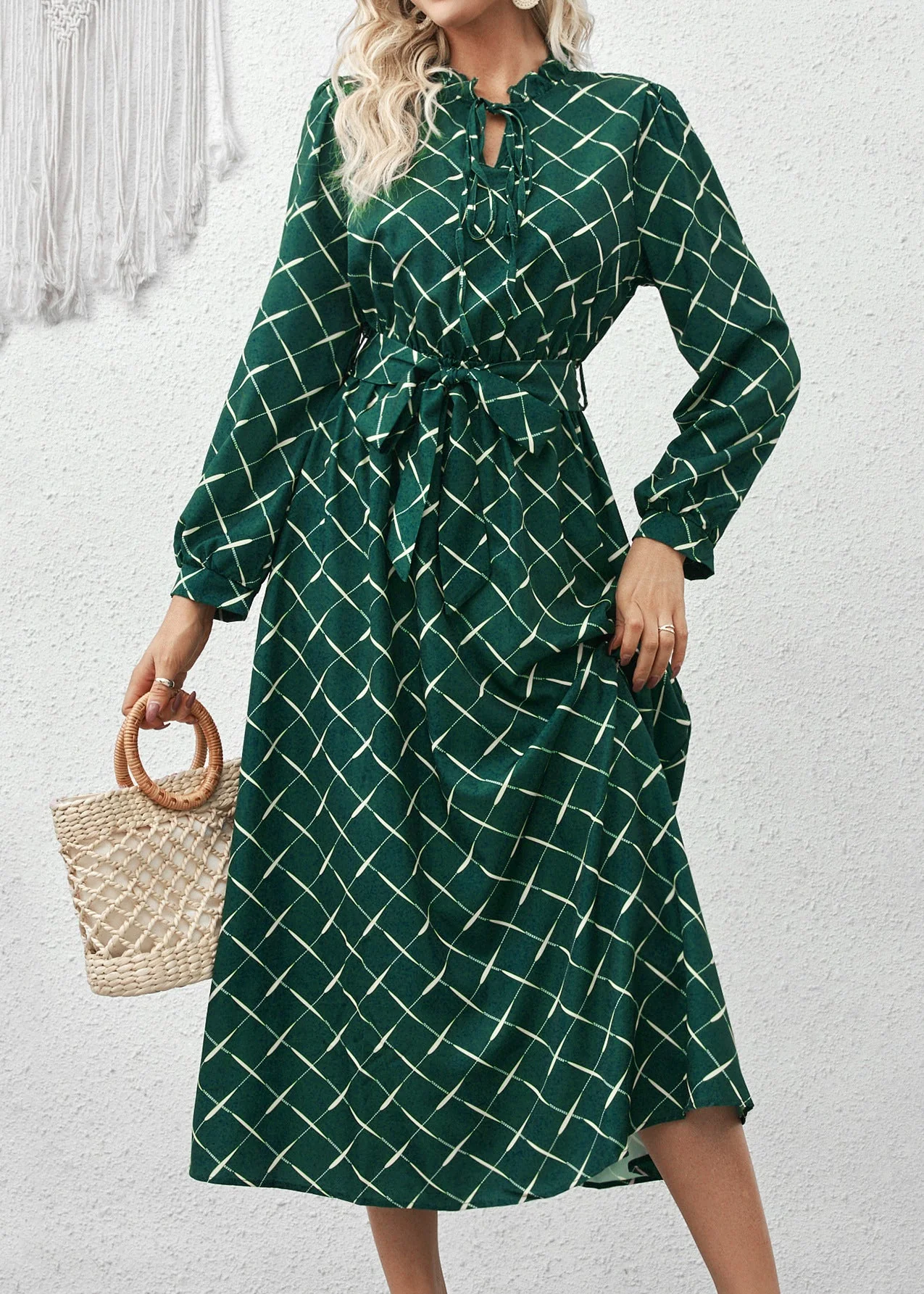 Italian Green Ruffled Print Lace Up Cotton Dress Fall - Image 3
