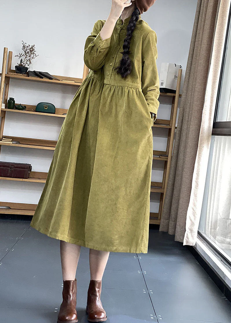 Italian Green Stand Collar Patchwork Corduroy Dress Winter - Image 2