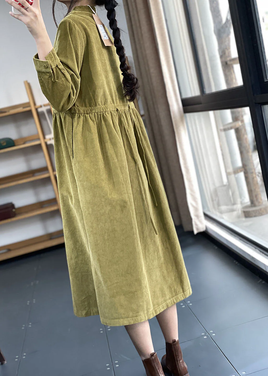 Italian Green Stand Collar Patchwork Corduroy Dress Winter - Image 3