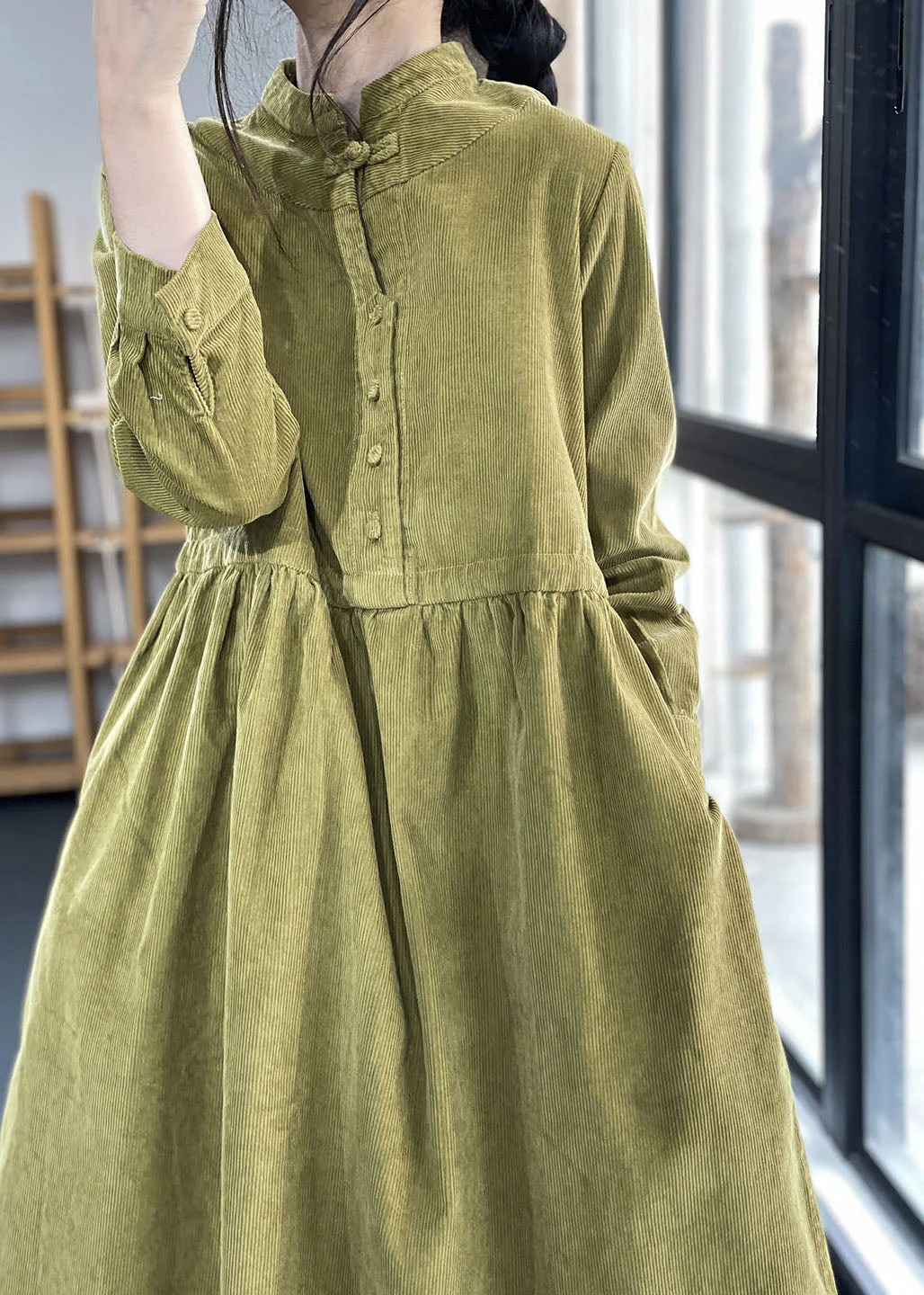 Italian Green Stand Collar Patchwork Corduroy Dress Winter - Image 4