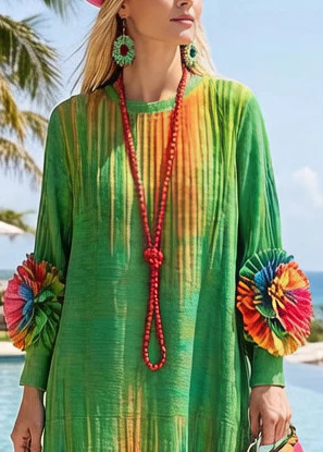 Italian Green Tie Dye Floral Decorated Cotton Maxi Dresses Spring - Image 2
