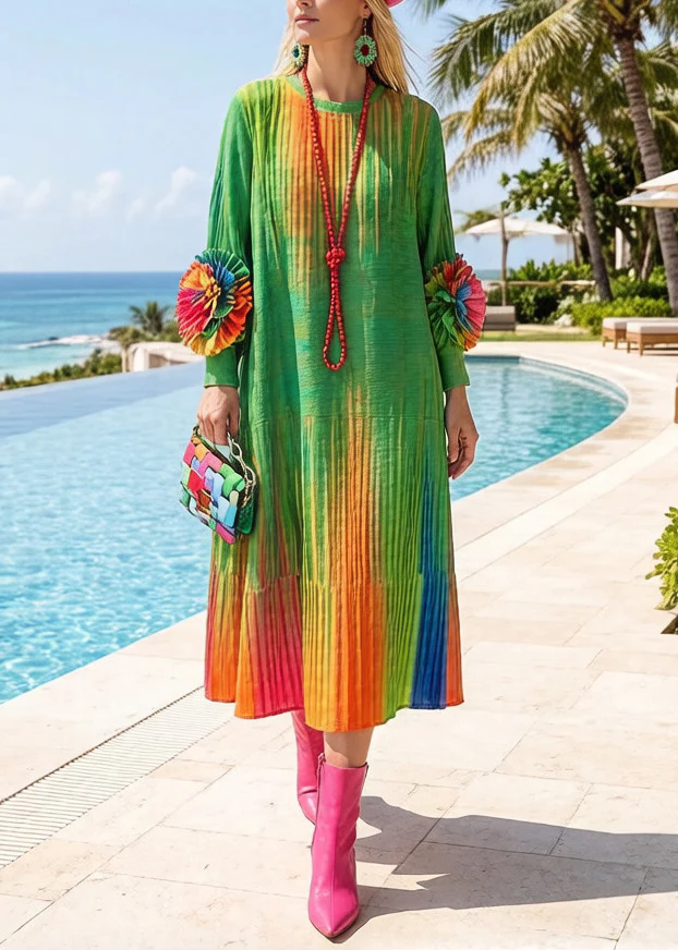 Italian Green Tie Dye Floral Decorated Cotton Maxi Dresses Spring - Image 3