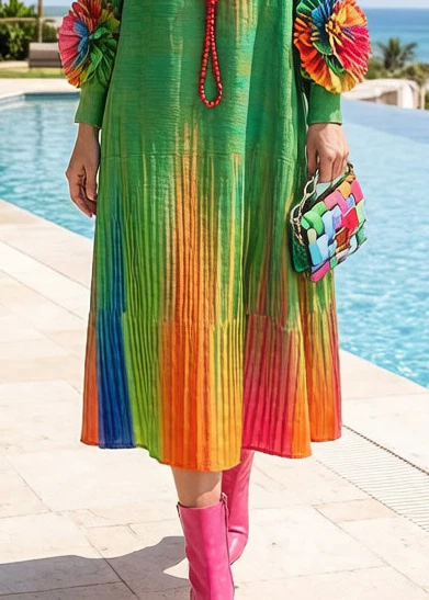 Italian Green Tie Dye Floral Decorated Cotton Maxi Dresses Spring - Image 4