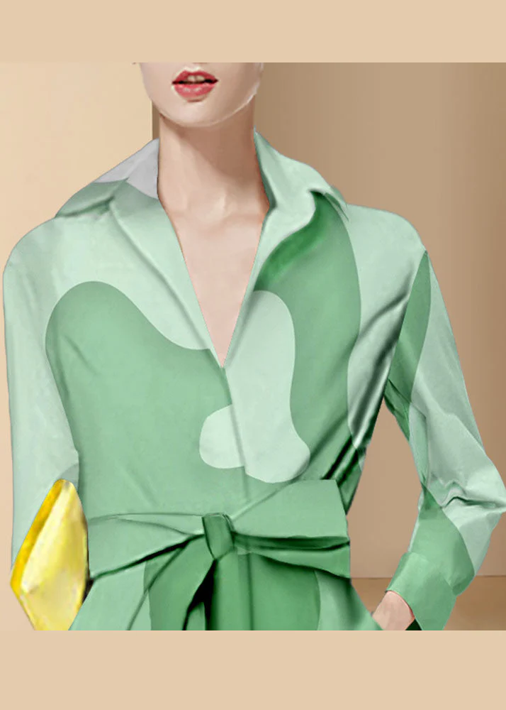 Italian Green tie waist Peter Pan Collar Print shirt Dresses Long Sleeve - Image 2