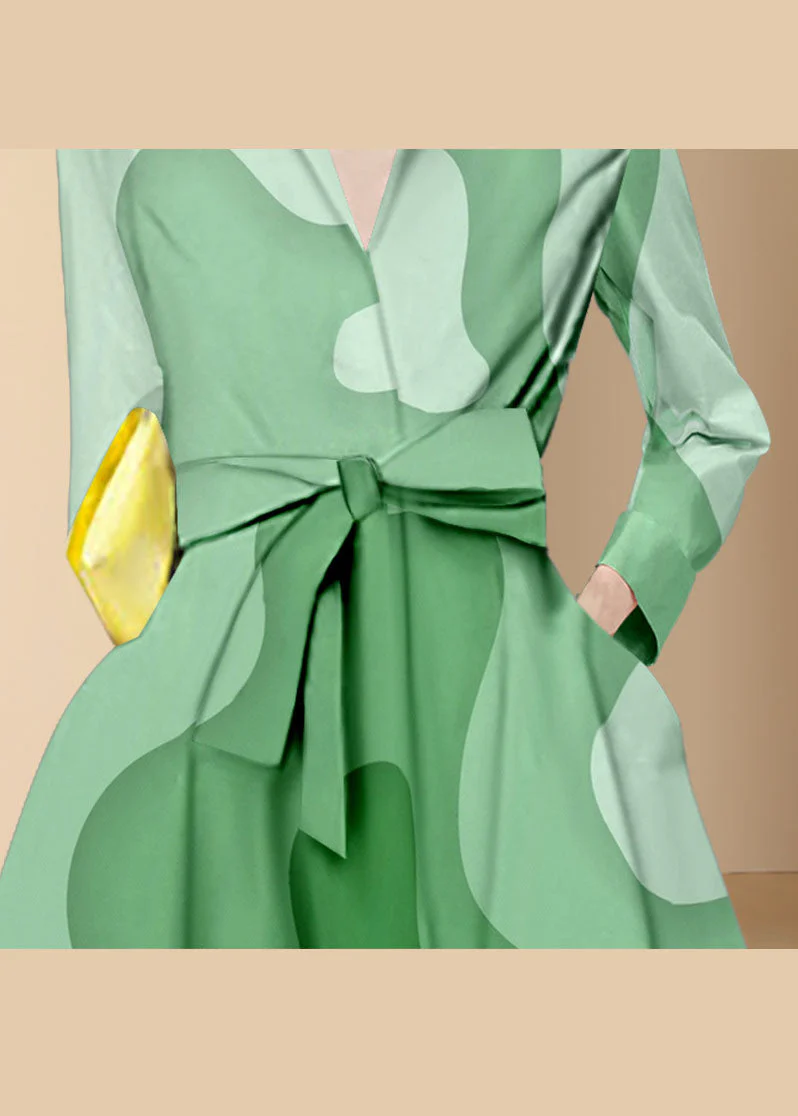 Italian Green tie waist Peter Pan Collar Print shirt Dresses Long Sleeve - Image 3