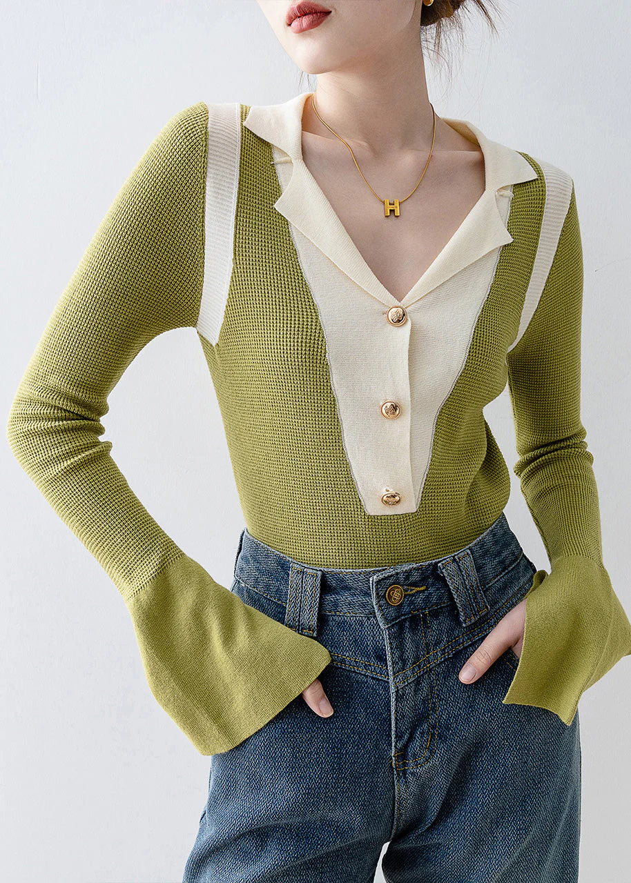 Italian Green V Neck Patchwork Knit Top Flare Sleeve - Image 2