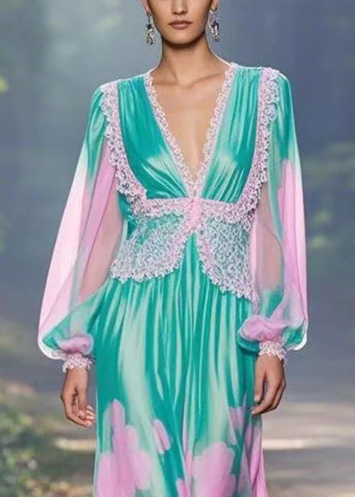 Italian Green V Neck Print Chiffon Long Dress Spring - Image 2
