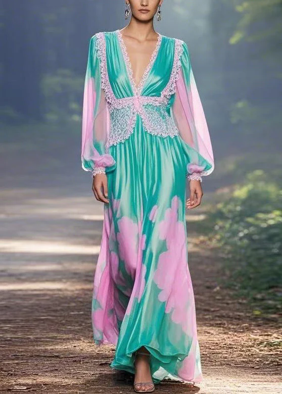 Italian Green V Neck Print Chiffon Long Dress Spring - Image 3