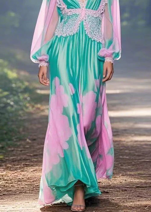 Italian Green V Neck Print Chiffon Long Dress Spring - Image 4
