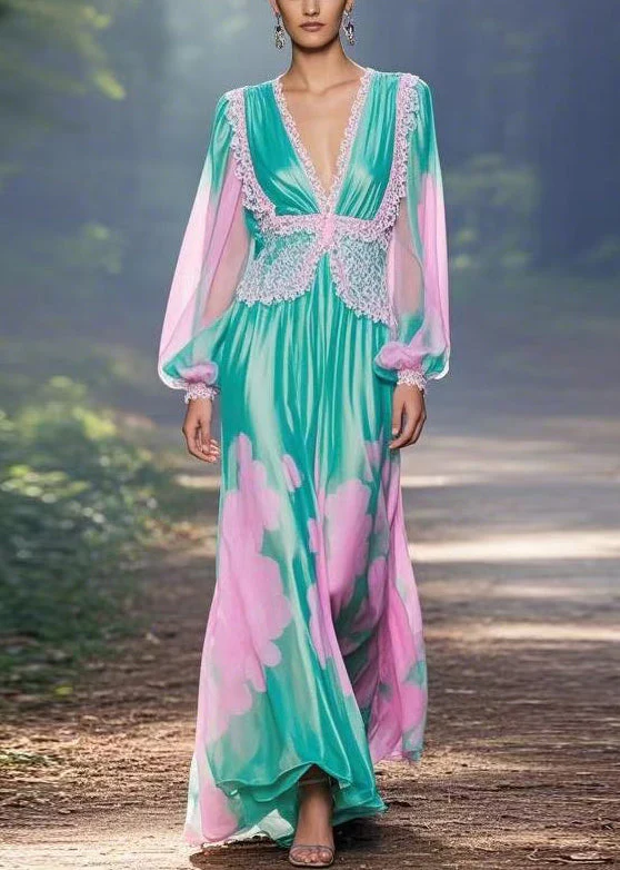 Italian Green V Neck Print Chiffon Long Dress Spring - Image 5