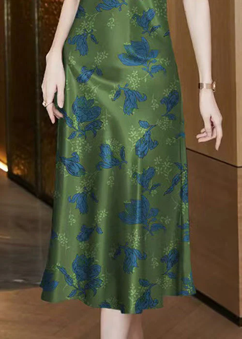 Italian Green V Neck Print Cotton Spaghetti Strap Dress Sleeveless - Image 4
