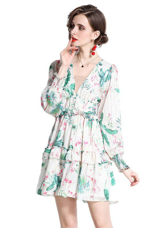 Italian Green V Neck Ruffled Print Patchwork Chiffon Mid Dress Fall - Image 3