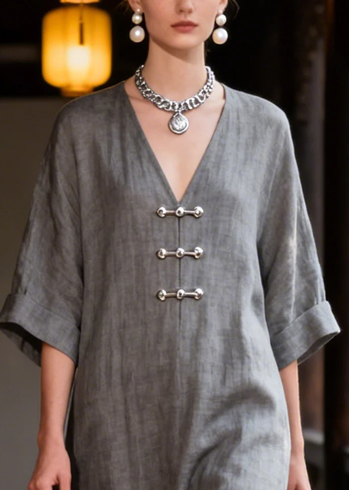 Italian Grey Chinese Button Side Open Cotton Maxi Dresses Summer - Image 2