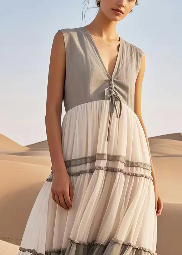 Italian Grey Cinched Patchwork Tulle Long Dress Sleeveless - Image 2