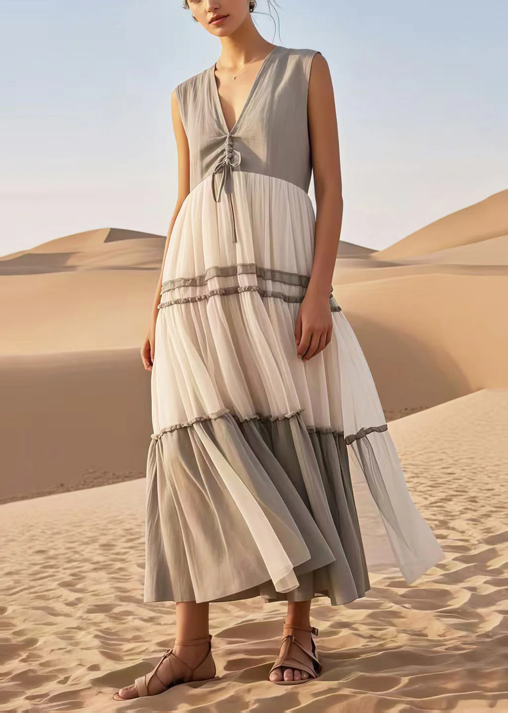 Italian Grey Cinched Patchwork Tulle Long Dress Sleeveless - Image 3