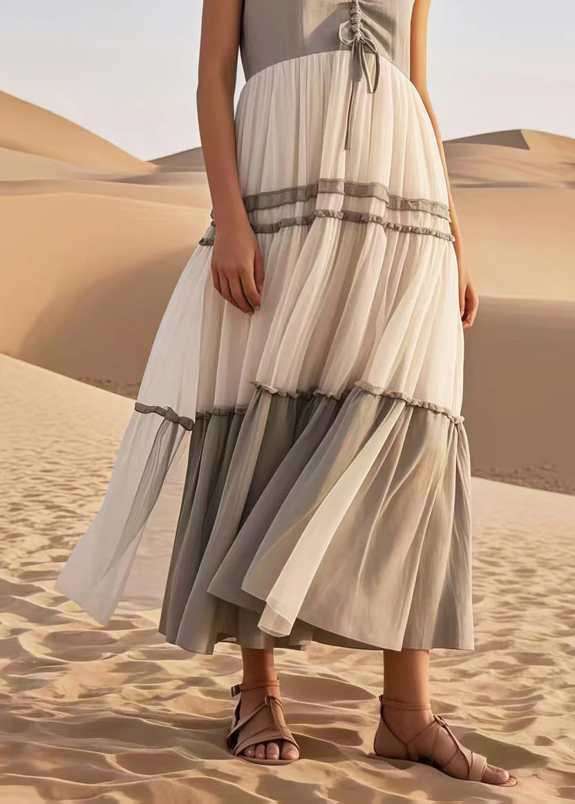 Italian Grey Cinched Patchwork Tulle Long Dress Sleeveless - Image 4