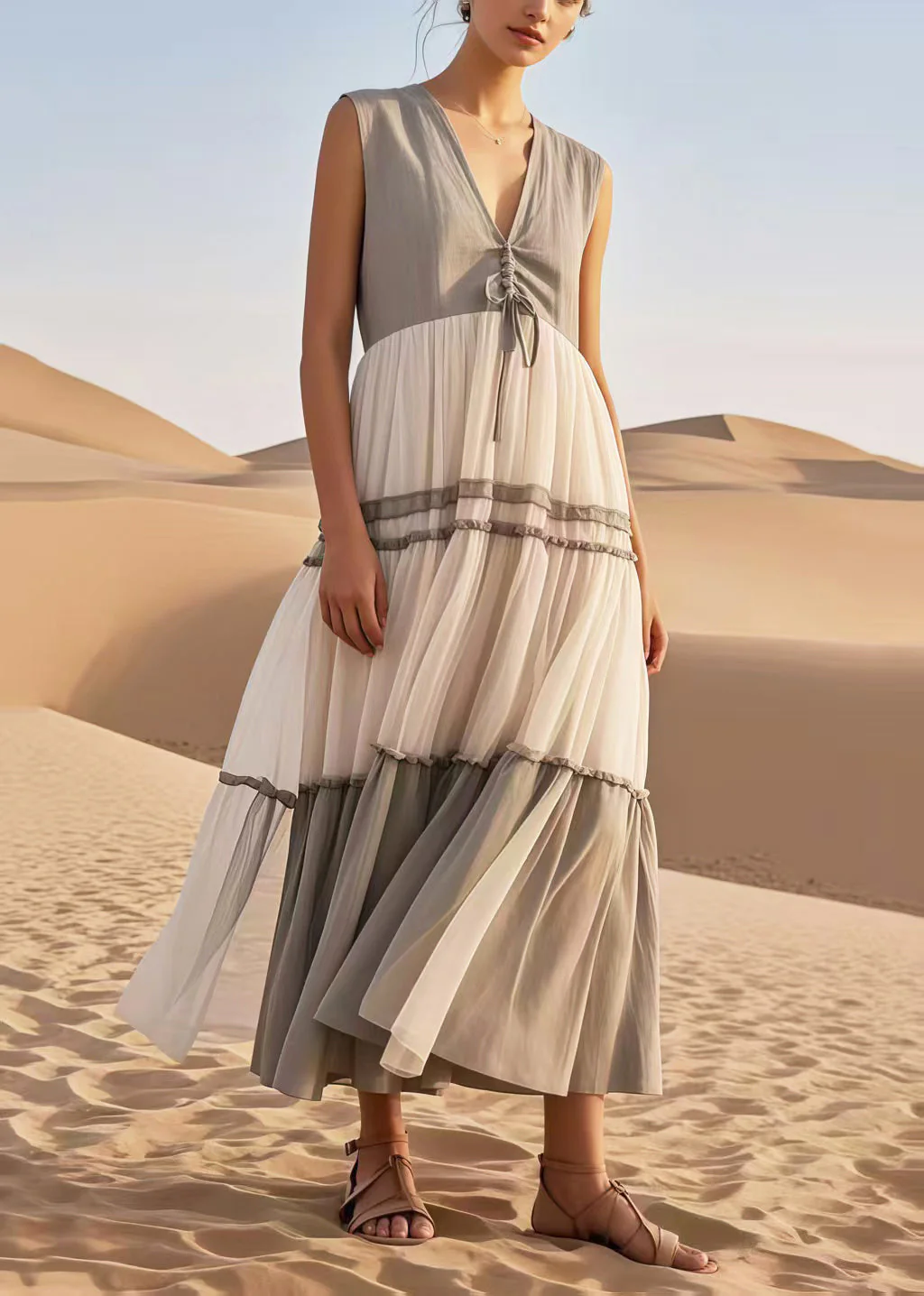 Italian Grey Cinched Patchwork Tulle Long Dress Sleeveless - Image 5