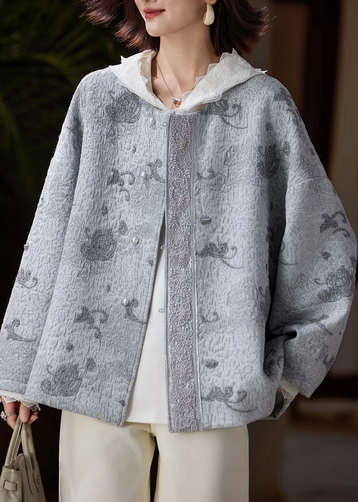 Italian Grey Embroidered Nail Bead Cotton Jackets Spring - Image 3