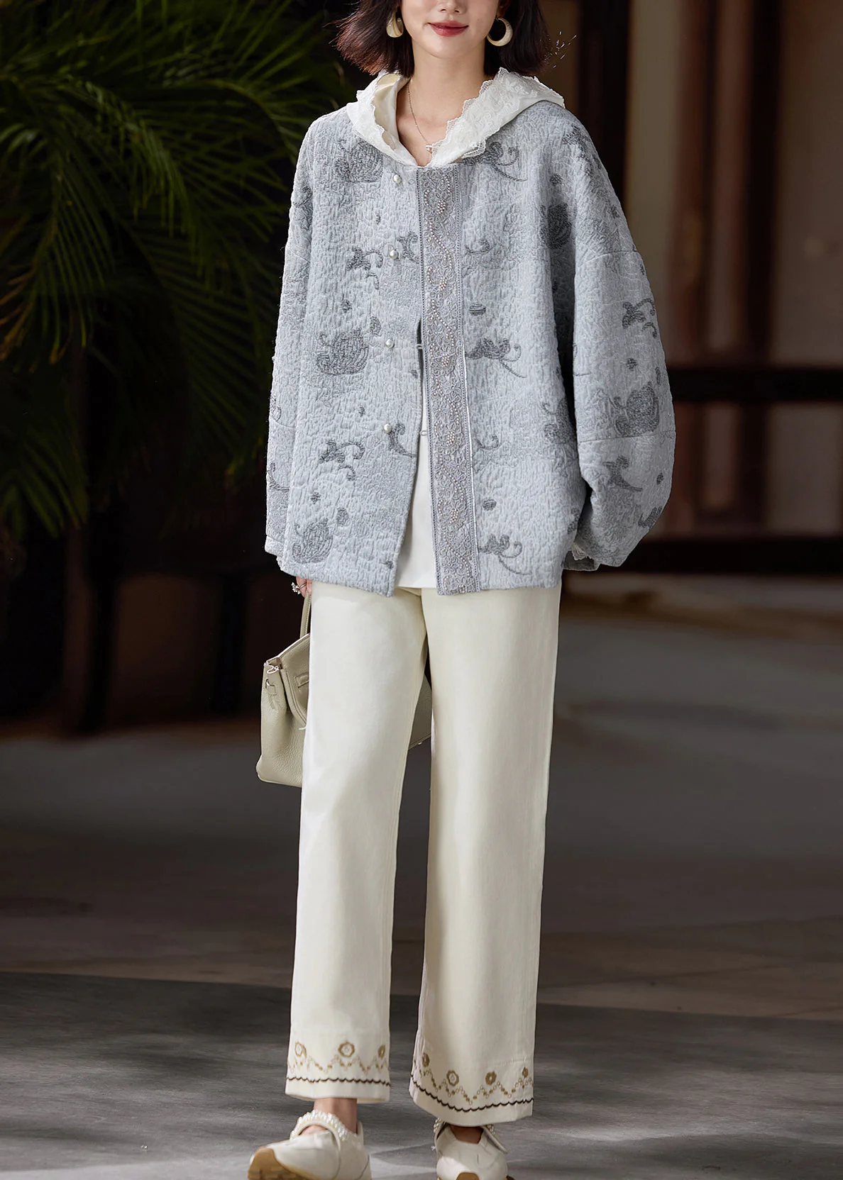 Italian Grey Embroidered Nail Bead Cotton Jackets Spring - Image 4