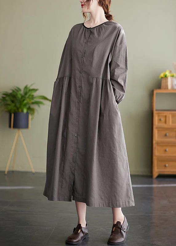 Italian Grey O-Neck Button Cinched Long Dress Long Sleeve - Image 2