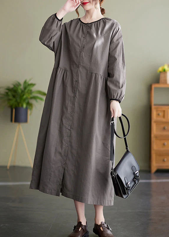 Italian Grey O-Neck Button Cinched Long Dress Long Sleeve - Image 3