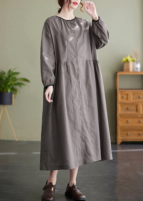 Italian Grey O-Neck Button Cinched Long Dress Long Sleeve - Image 4