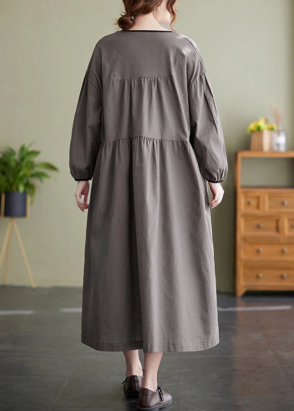 Italian Grey O-Neck Button Cinched Long Dress Long Sleeve - Image 5