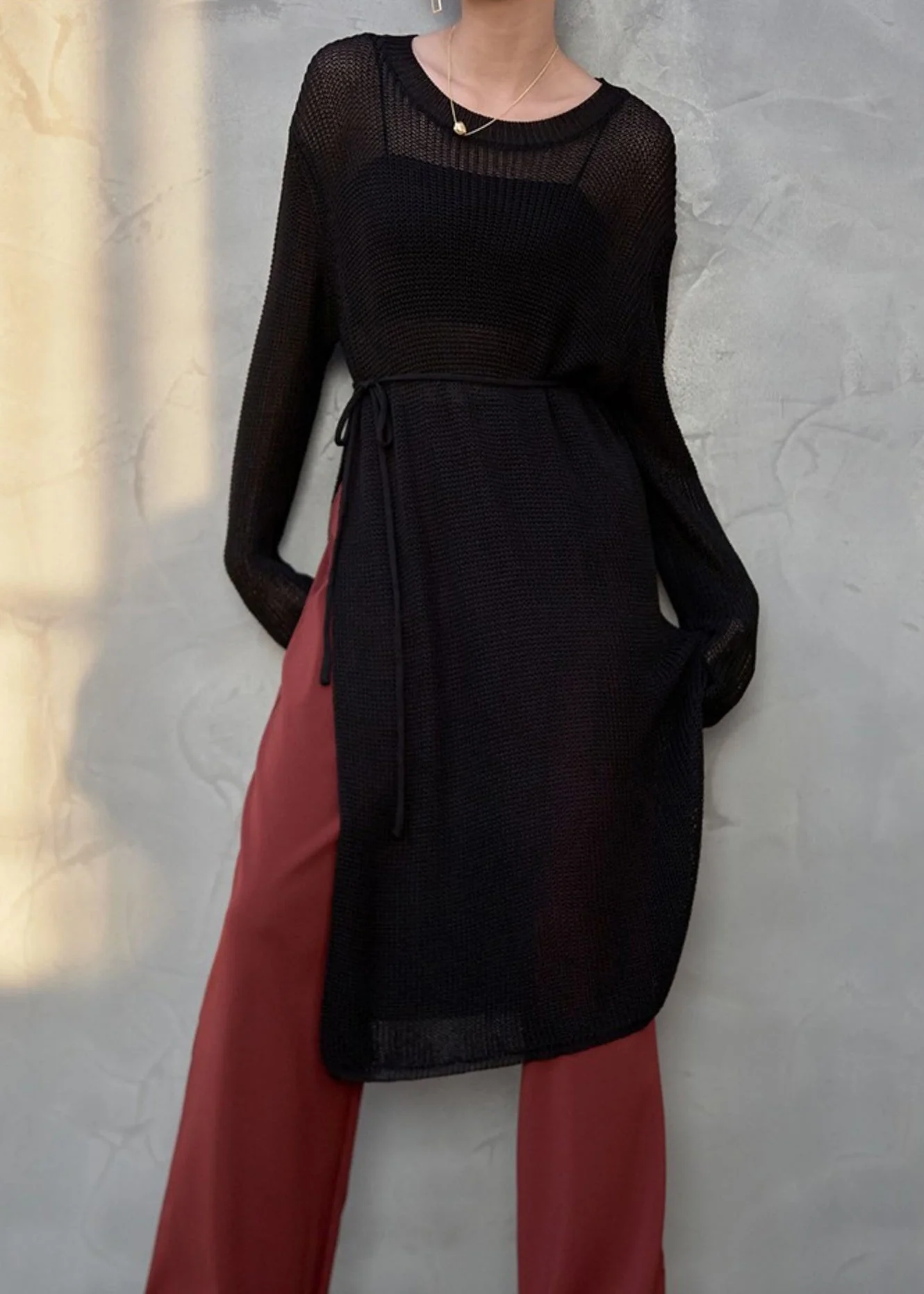 Italian Grey O Neck Side Open Patchwork Knit Dress Fall - Image 2