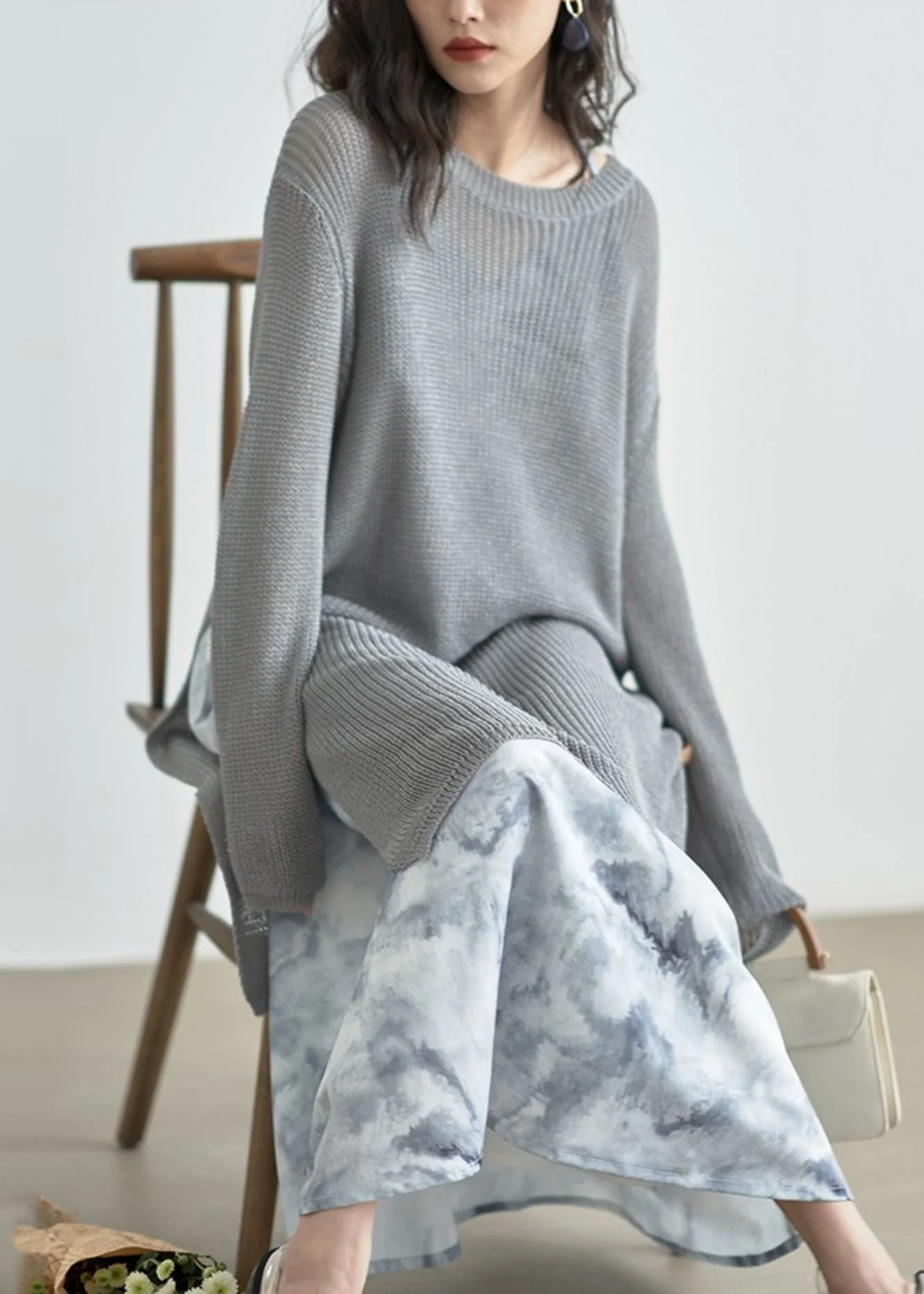 Italian Grey O Neck Side Open Patchwork Knit Dress Fall - Image 3
