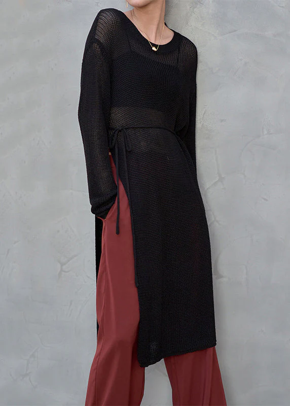 Italian Grey O Neck Side Open Patchwork Knit Dress Fall - Image 4